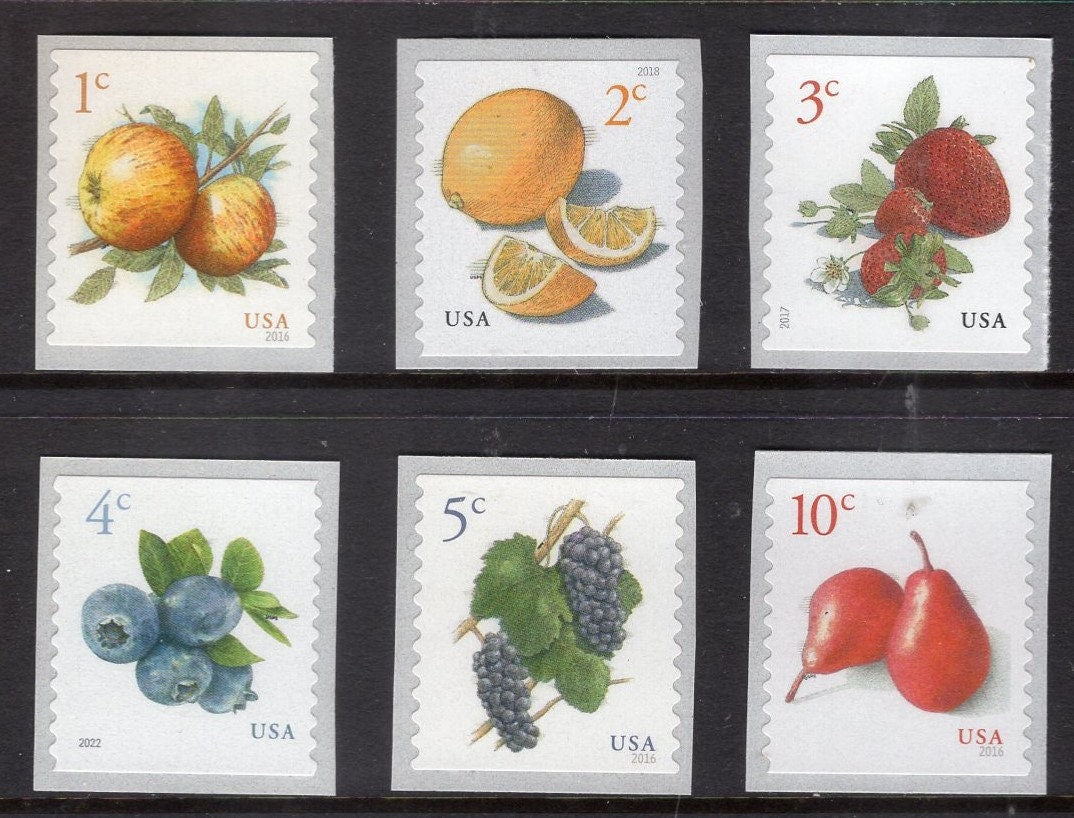 FRUIT SALAD 18 Stamps (6 different - 3 each) Grapes Blueberries Strawberries Apples Pears Unused Fresh Postage Stamps 
