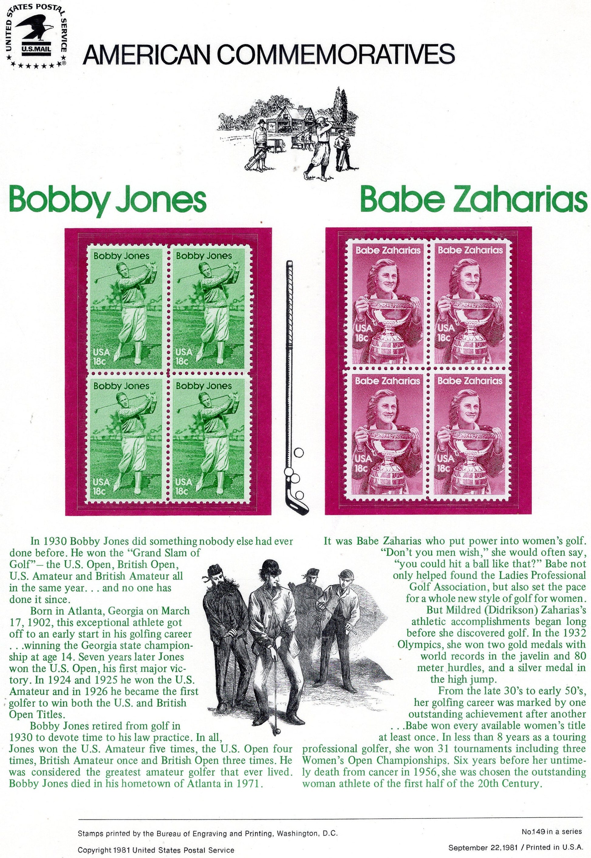 GOLF GREATS Bobby JONES Babe Zaharias Special Commemorative Panel + Actual Stamps + Illustrations + Text Great Gift 8.5x11 1981 -FreeUSAShip