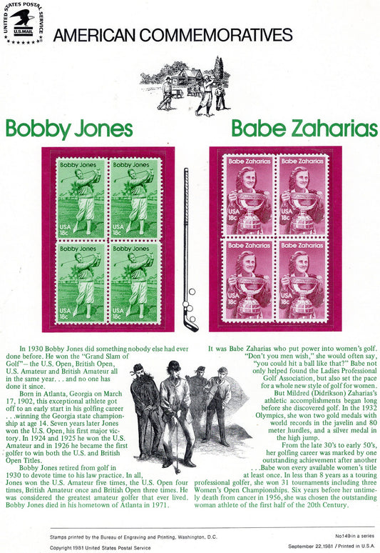 GOLF GREATS Bobby JONES Babe Zaharias Special Commemorative Panel + Actual Stamps + Illustrations + Text Great Gift 8.5x11 1981 -FreeUSAShip