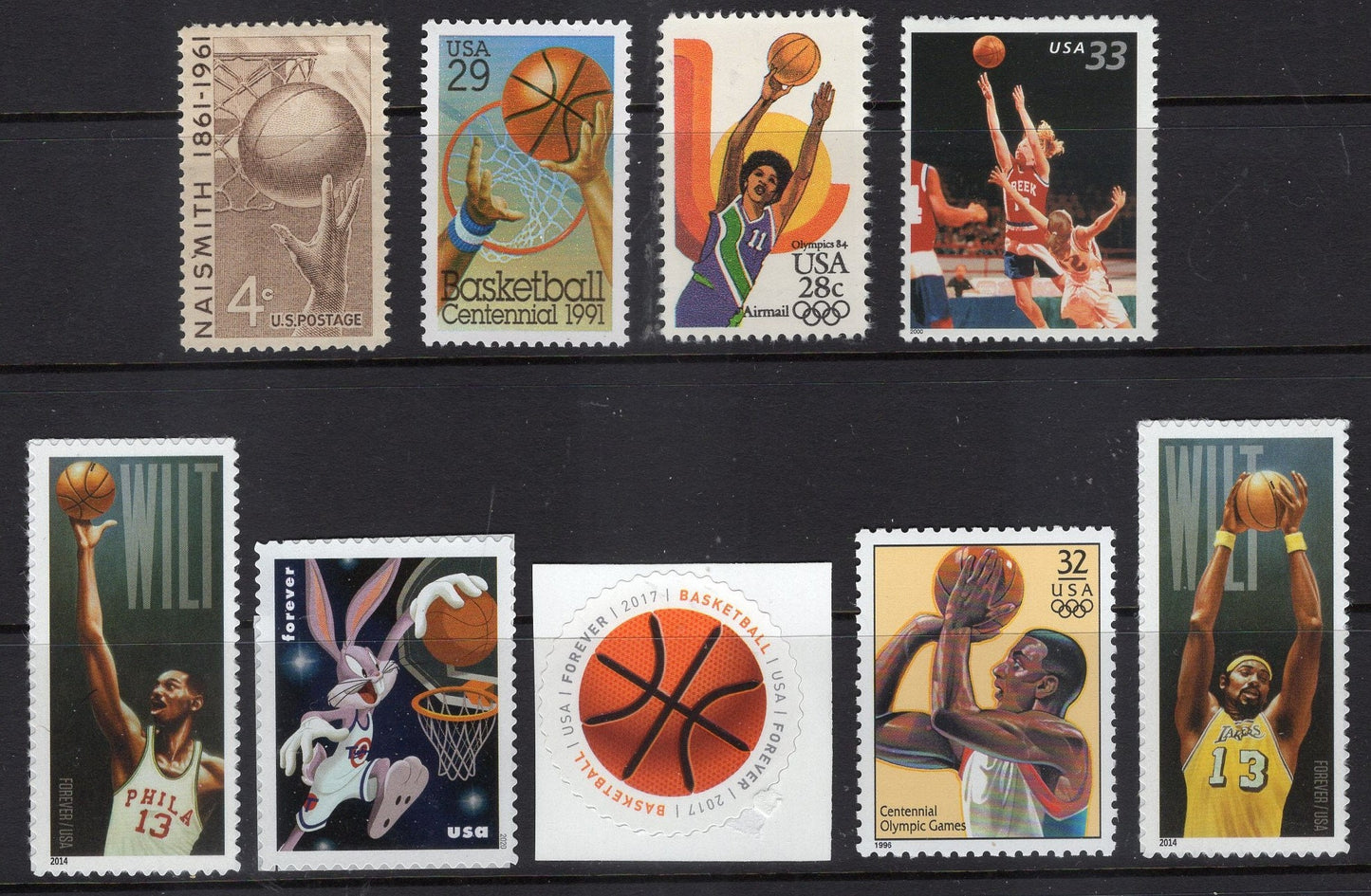 1 BASKETBALL COLLECTION of 9 Stamps Great Gift! - Chamberlain Naismith Girls more Mint Usa Postage Stamps 1961-onwards 