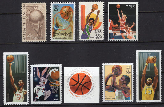1 BASKETBALL COLLECTION of 9 Stamps Great Gift! - Chamberlain Naismith Girls more Mint Usa Postage Stamps 1961-onwards 