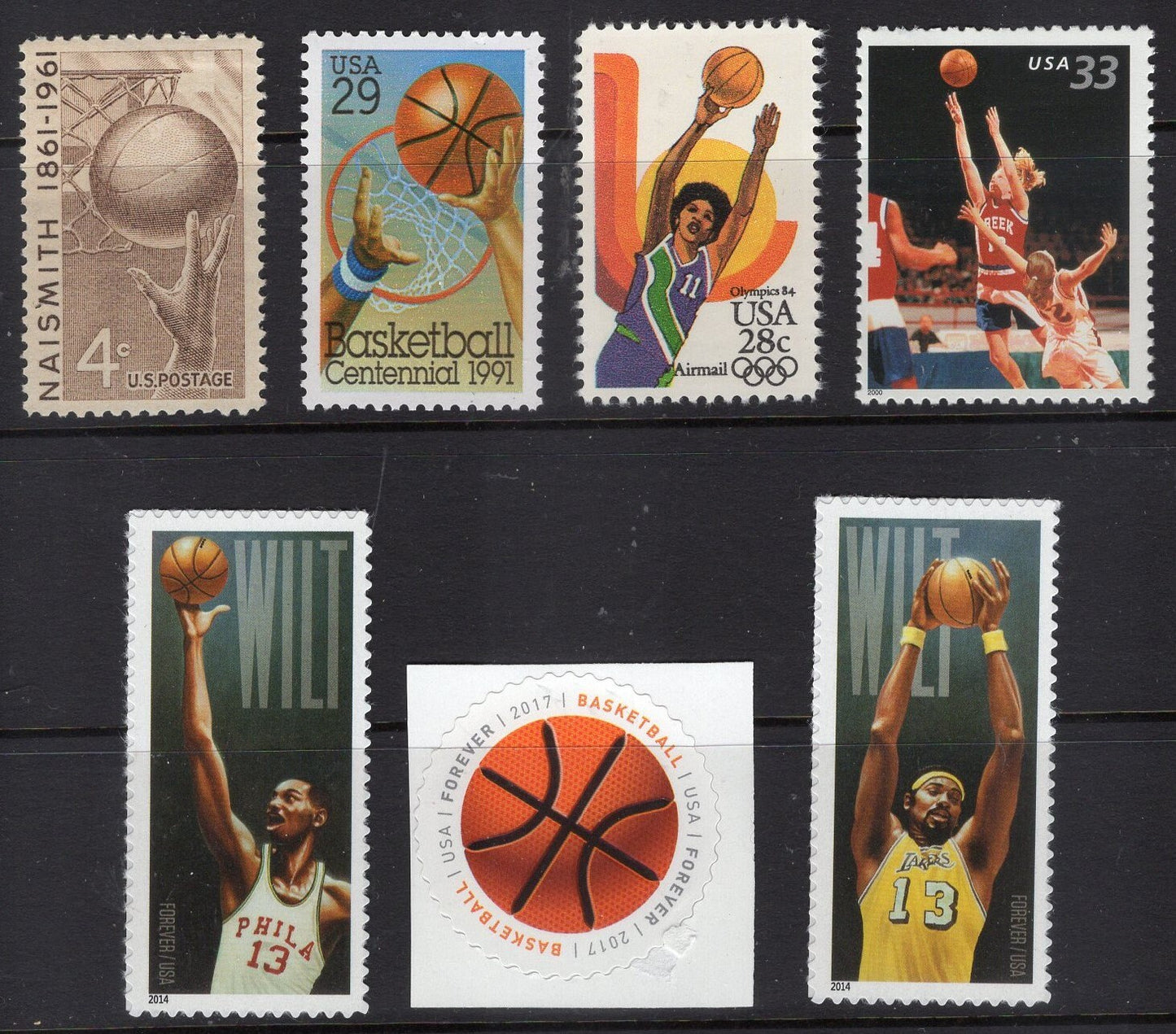 1 BASKETBALL COLLECTION of 7 Stamps Great Gift! - Chamberlain Naismith Girls more Mint Usa Postage Stamps 1961-onwards 