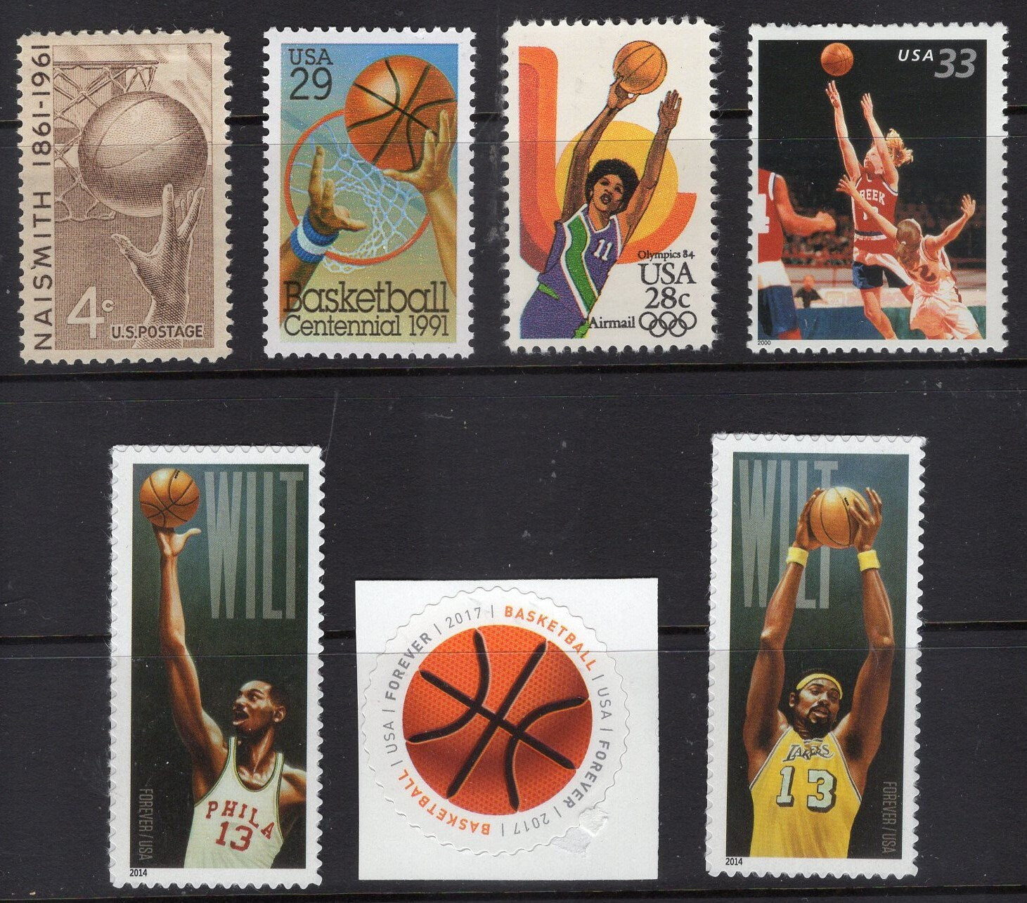 1 BASKETBALL COLLECTION of 7 Stamps Great Gift! - Chamberlain Naismith Girls more Mint Usa Postage Stamps 1961-onwards 