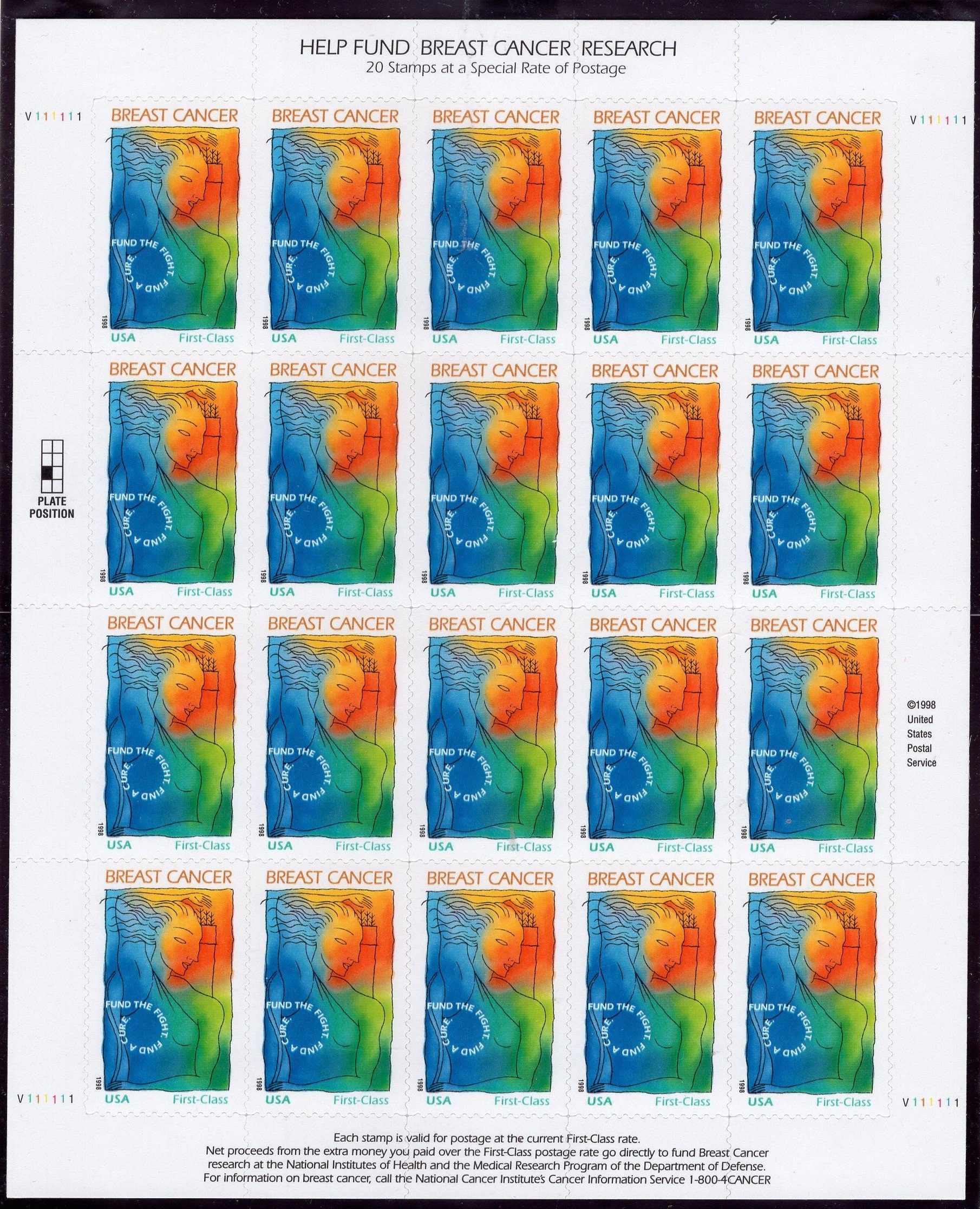 BREAST CANCER AWARENESS Fund Research Self-adhesive Sheet of 20 USa-Stamps - Unused, Fresh, Bright Post Office - Vintage 1998 