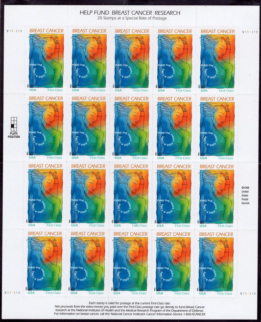 BREAST CANCER AWARENESS Fund Research Self-adhesive Sheet of 20 USa-Stamps - Unused, Fresh, Bright Post Office - Vintage 1998 