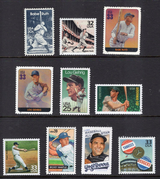 RUTH GEHRIG MANTLE DiMAGGIO Berra Maris World Series - 10 Stamps - The PRIDEs of the YANKEEs - Such Memories!! Fresh Bright 