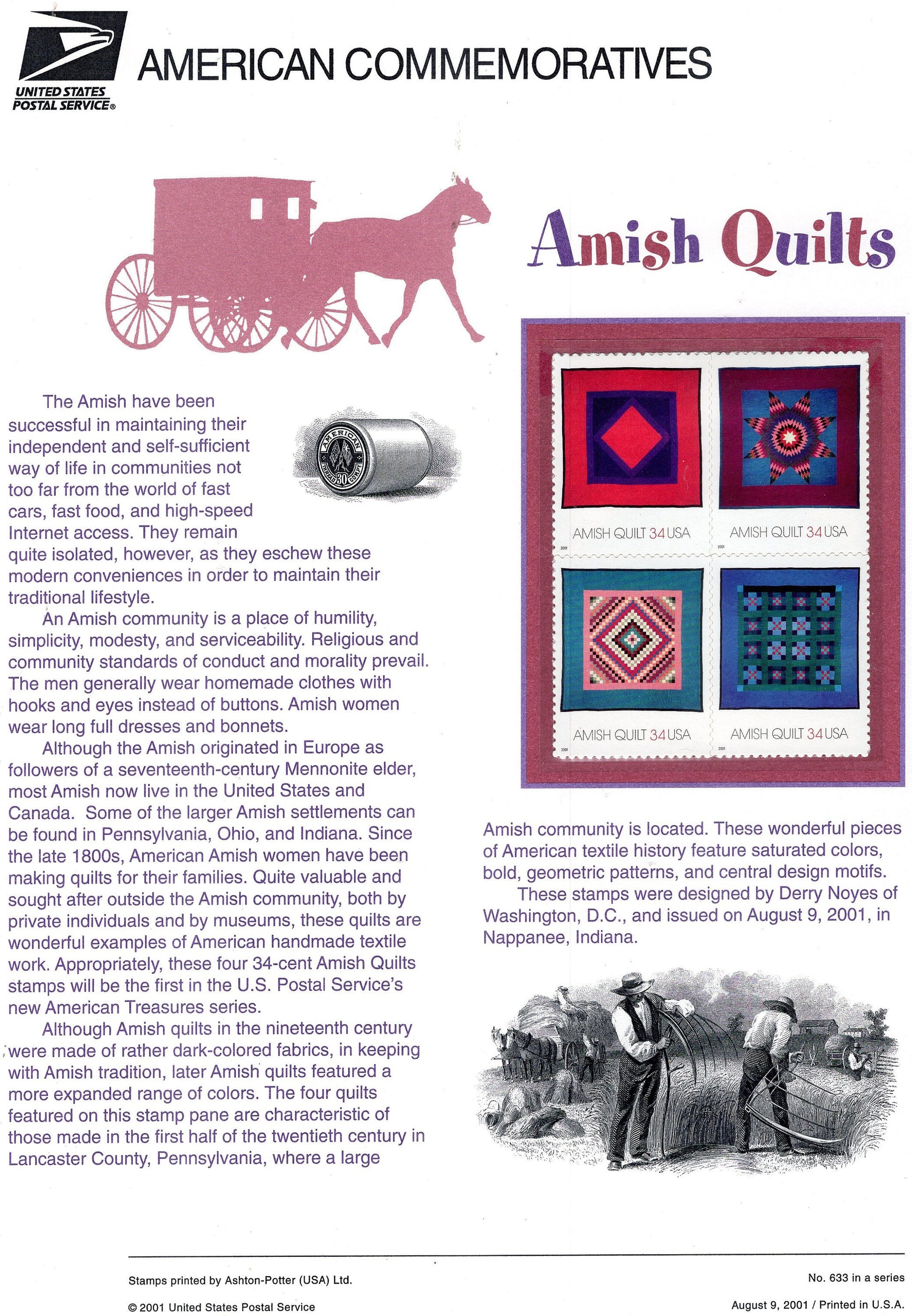 AMISH QUILTS TEXTILES Commemorative Panel w/ Block of 4 Stamps Illustrations Text - Great Gift - 8.5x11 Vintage 2001 #633