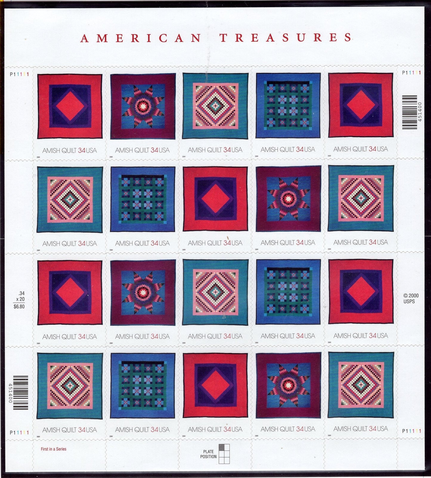 1 AMISH QUILT Sheet of 20 Stamps Diamond in Squares - Lone Star - Mint Post Office Fresh - Vintage 2001 - Stock# 3524 SH 