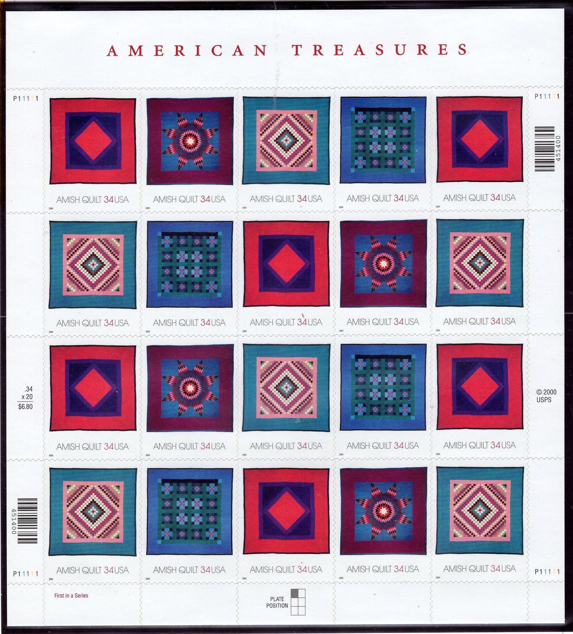 1 AMISH QUILT Sheet of 20 Stamps Diamond in Squares - Lone Star - Mint Post Office Fresh - Vintage 2001 - Stock# 3524 SH 