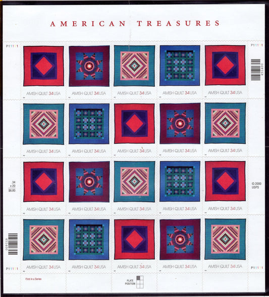 1 AMISH QUILT Sheet of 20 Stamps Diamond in Squares - Lone Star - Mint Post Office Fresh - Vintage 2001 - Stock# 3524 SH 