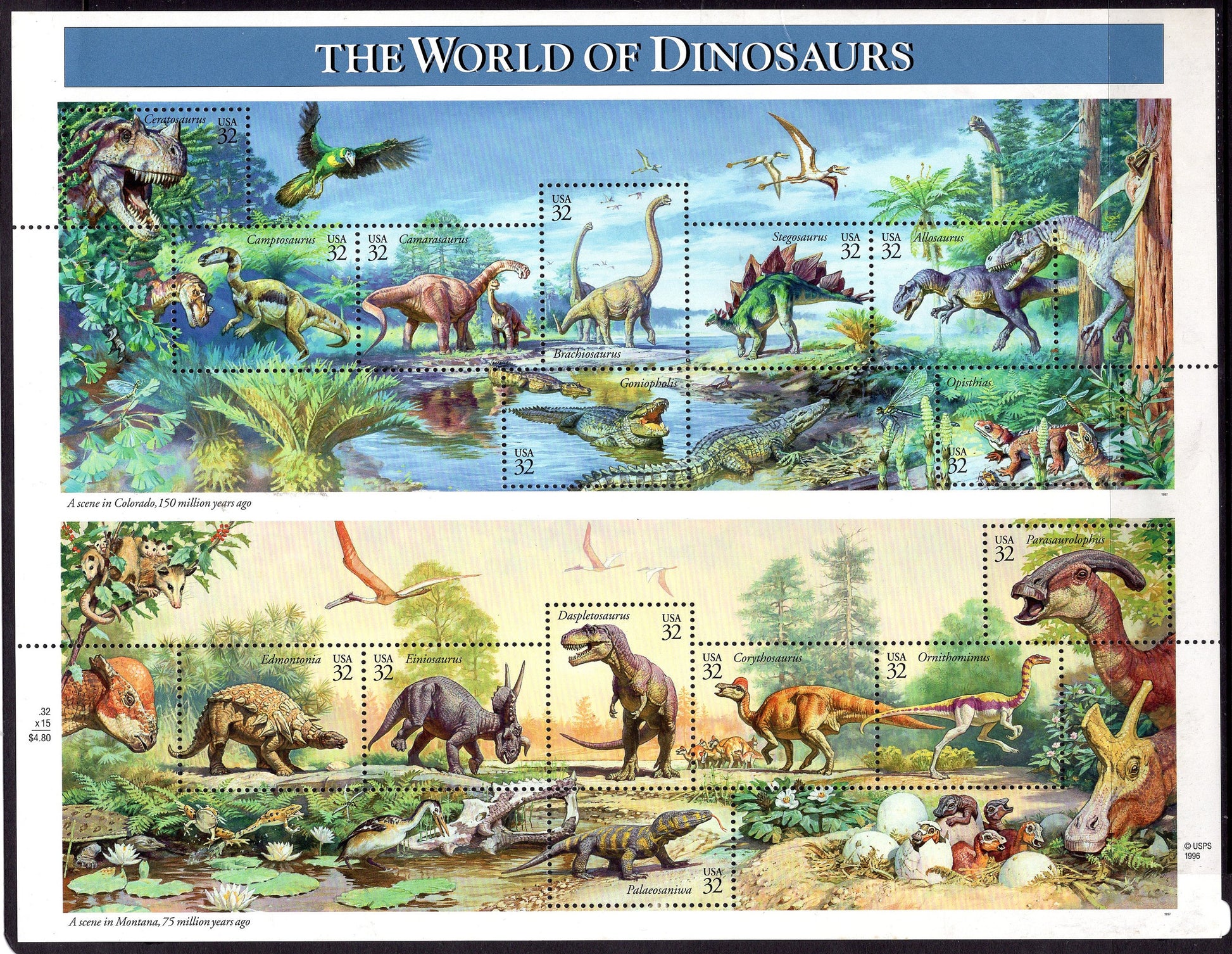 15 DINOSAURS in 1 Complete SHEET of USA Pictorial Stamps Depicting the World of Dinosaurs - Stamps - Vintage 1997 ping