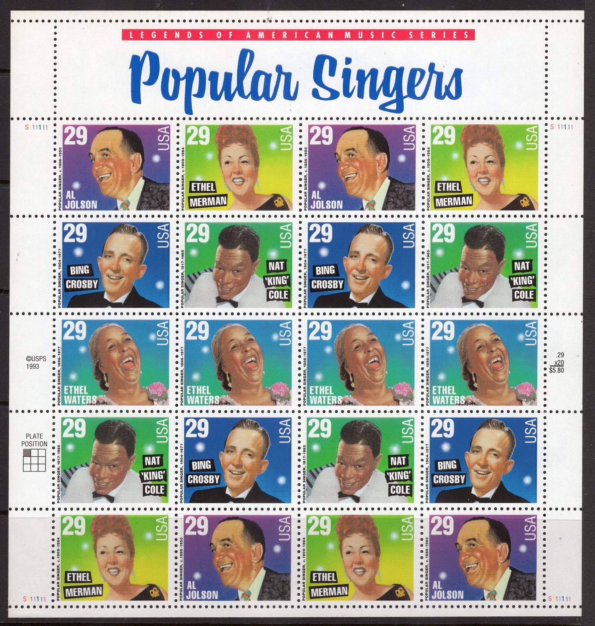 POPULAR SINGERS Sheet of 20 - Nat King Cole Al Jolson Bing Crosby Ethels Waters & Merman Postage Stamps - Vintage 1994 