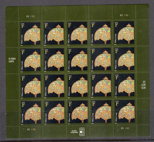 100 TIFFANY LAMP 1c Stamps - 5 Sheets of 20 - Great when you only need a few stamps - Self-adhesive Bright Fresh Stamps 