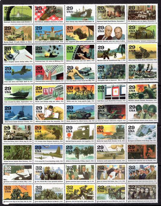 50 WORLD WAR II 2 United States Mint Stamps Complete 5 Blocks of 10 or 10 Strips of 5- Vintage 1991-95 