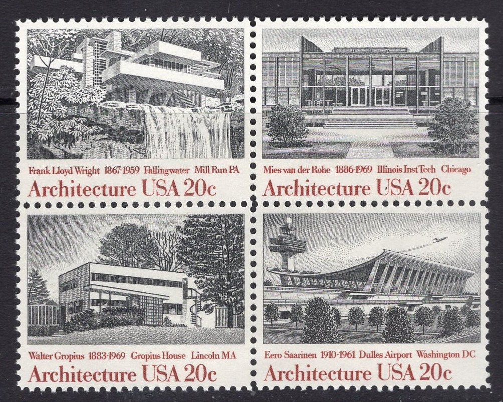 8 (2 Blocks) FALLINGWATER Architecture WRIGHT SAARINEN Gropius van der Rohe Stamps Fresh Bright Postage Stamps - Vintage 1982 