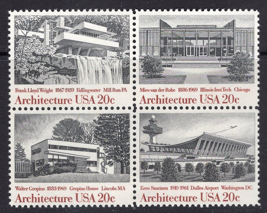 8 (2 Blocks) FALLINGWATER Architecture WRIGHT SAARINEN Gropius van der Rohe Stamps Fresh Bright Postage Stamps - Vintage 1982 