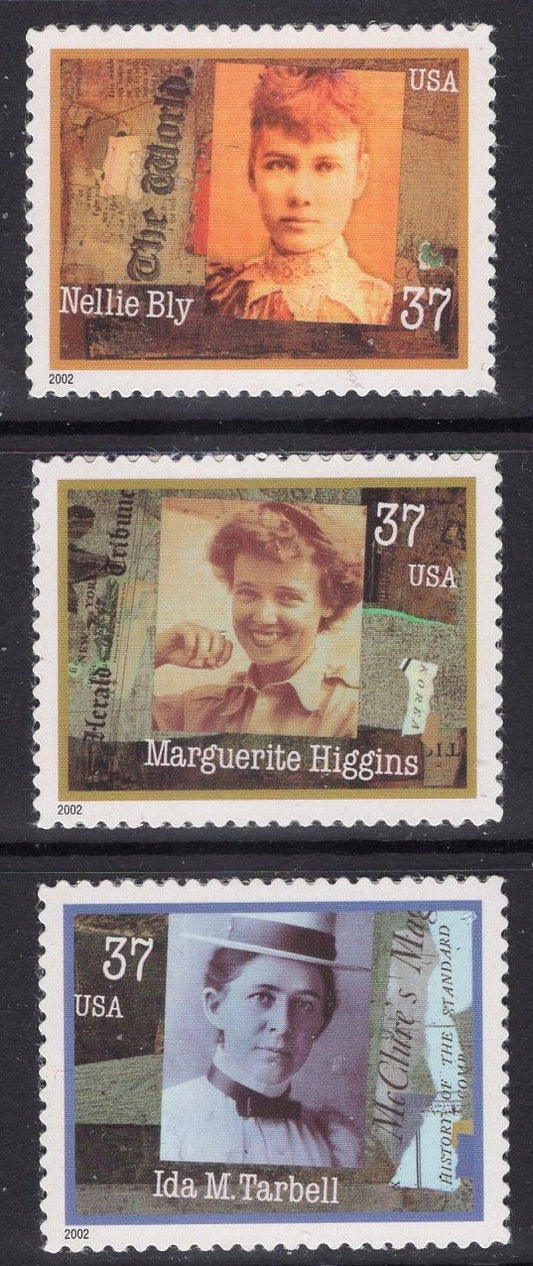 9 WOMEN JOURNALISTS - 3 each of: Nellie BLY - H Higgins - Ida Tarbell Bright Fresh USa Postage Stamps - Vintage 2002 - #3666 