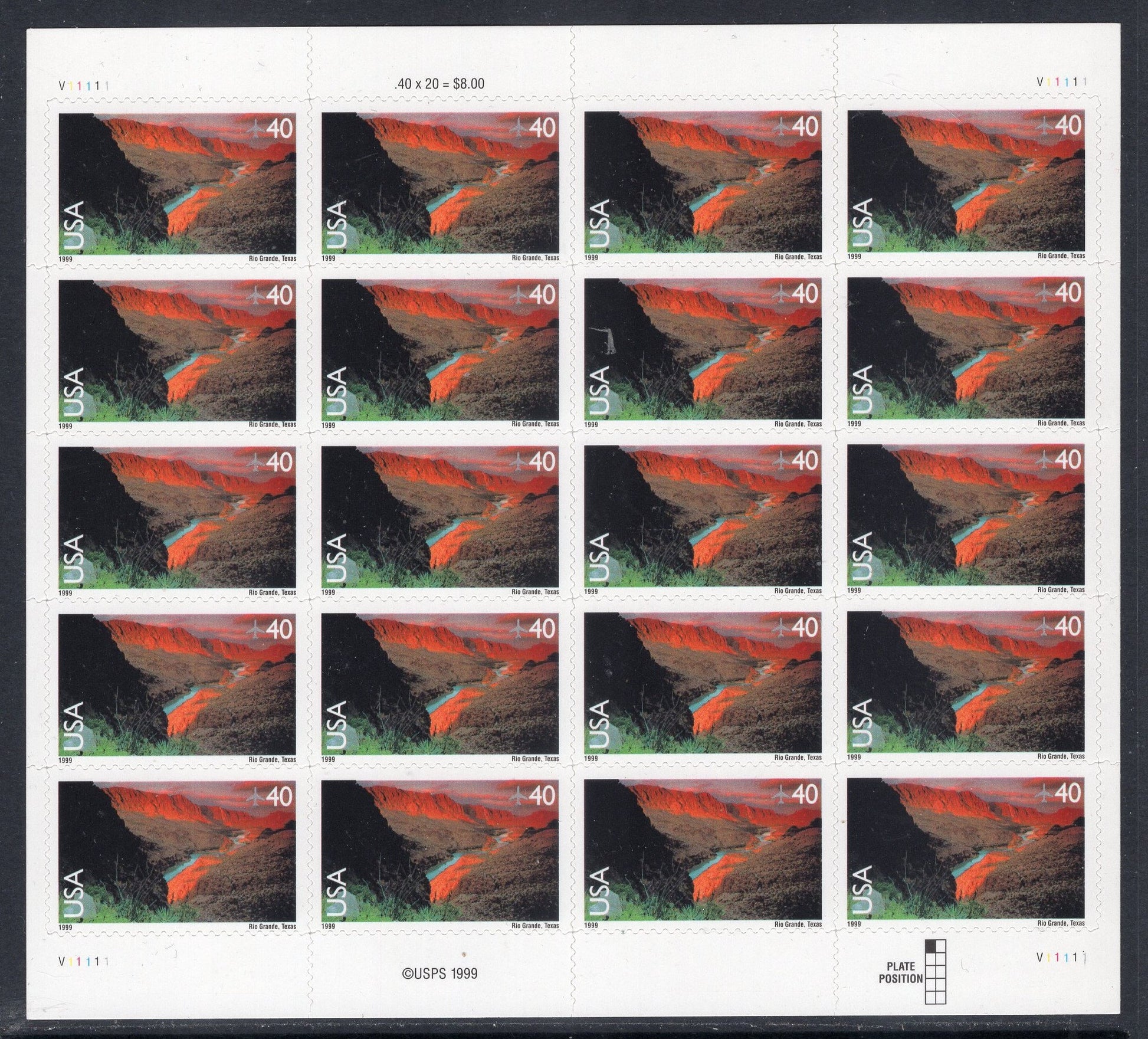 RIO GRANDE RIVER Sheet of 20 Scenic USA Landscapes Stamps - Unused, Fresh, Bright Post Office - Issued 1999 - C134 M