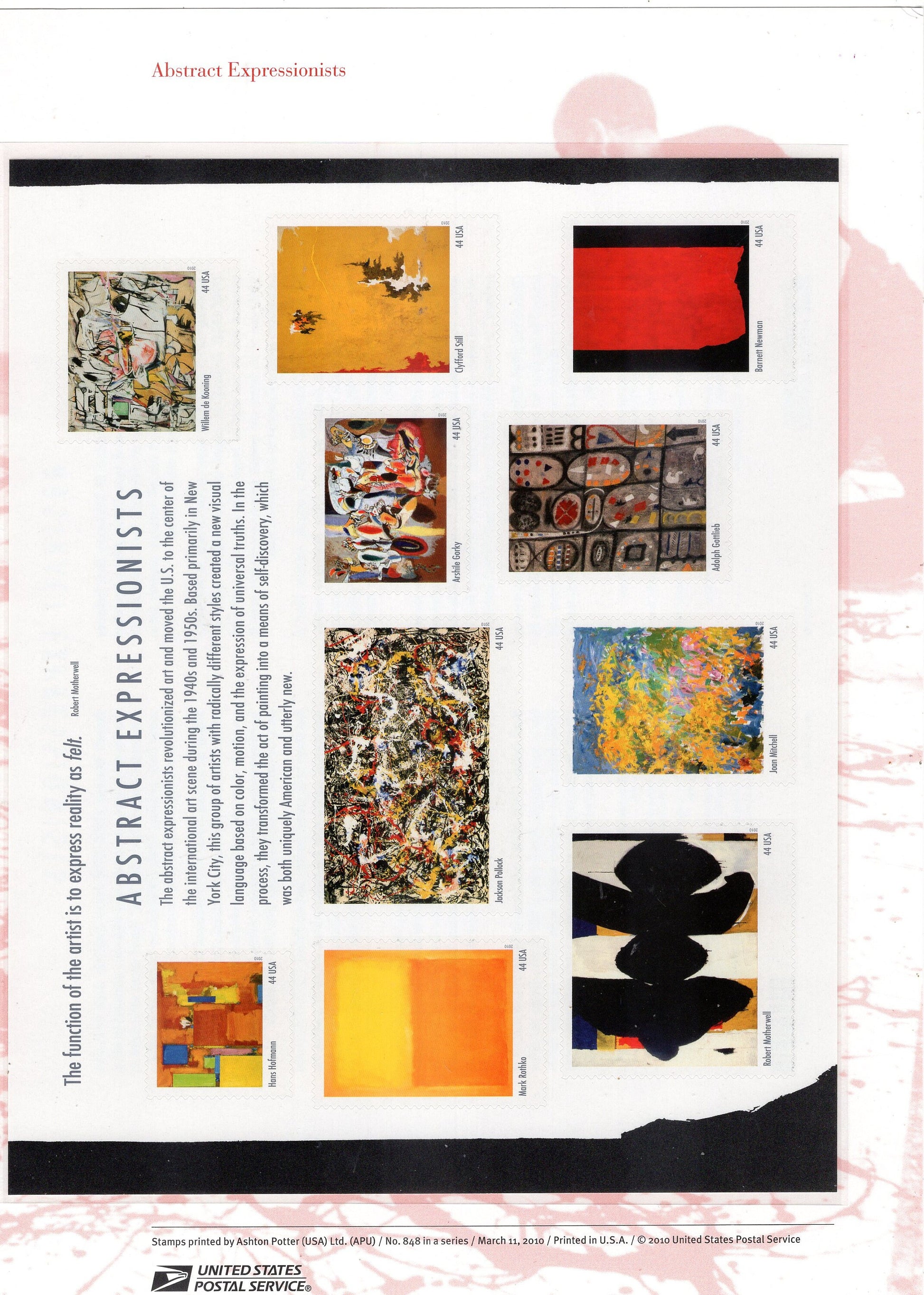 ABSTRACT EXPRESSIONISTS Two Page Panel w/ Block of 4 Stamps Illustrations Descriptive Text Great Gift 8.5x11 Stock# 679-10 - Free Ship USA
