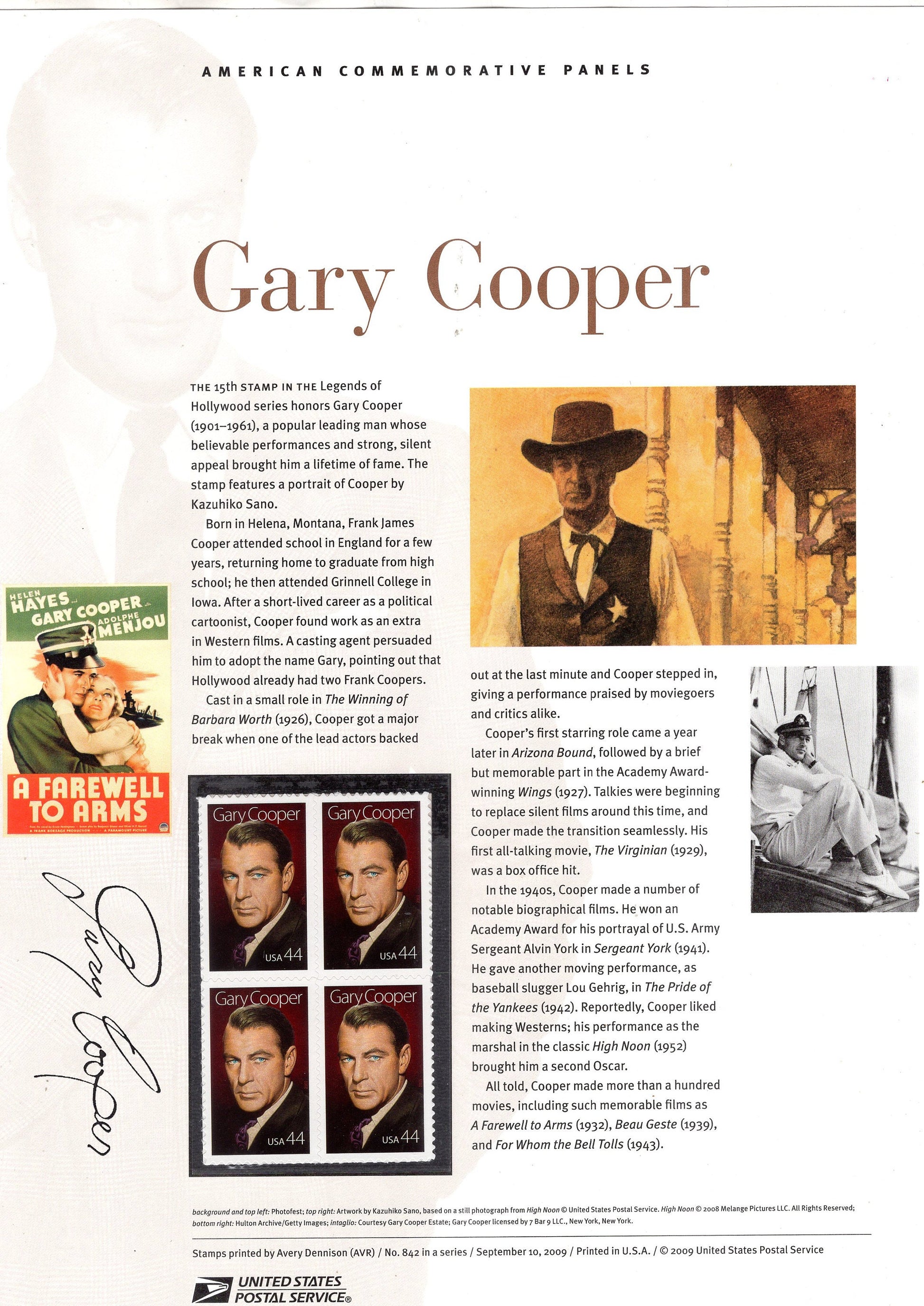 GARY COOPER ACTOR Academy Award York Gehrig Commemorative Panel with Block 4 Stamps Illustrations Text Great Gift 8.5x11 FreeUSA Ship