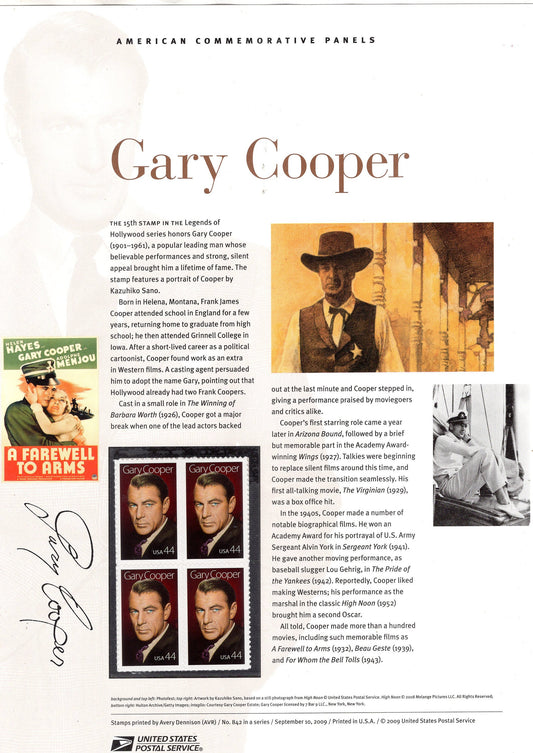 GARY COOPER ACTOR Academy Award York Gehrig Commemorative Panel with Block 4 Stamps Illustrations Text Great Gift 8.5x11 FreeUSA Ship