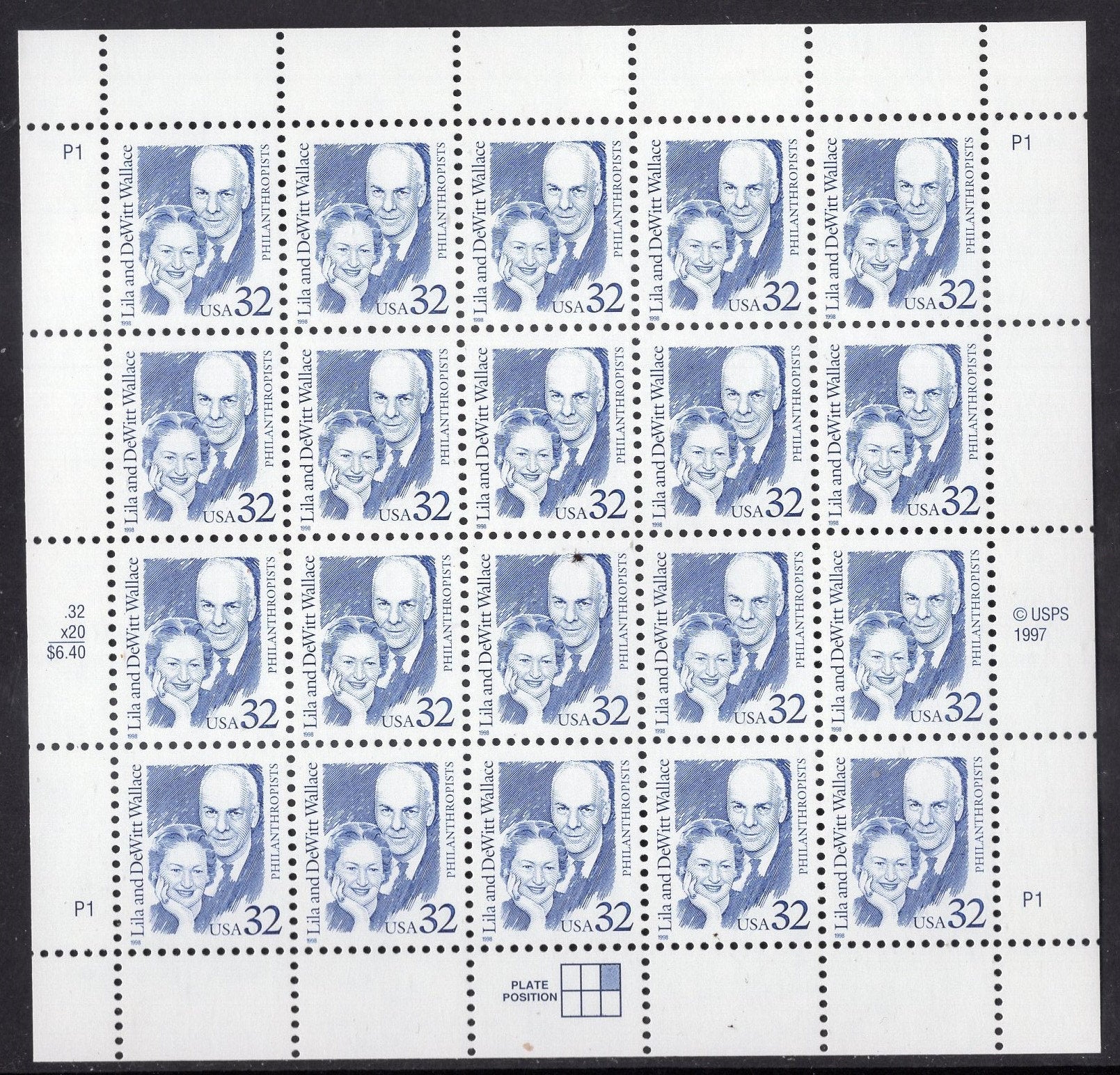 READER'S DIGEST Founders Lila and DeWitt WALLACE Complete Sheet of 20 - Fresh, Bright Stamps - Vintage 1999 - 2936 