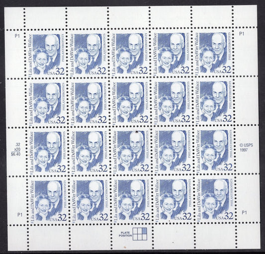 READER'S DIGEST Founders Lila and DeWitt WALLACE Complete Sheet of 20 - Fresh, Bright Stamps - Vintage 1999 - 2936 