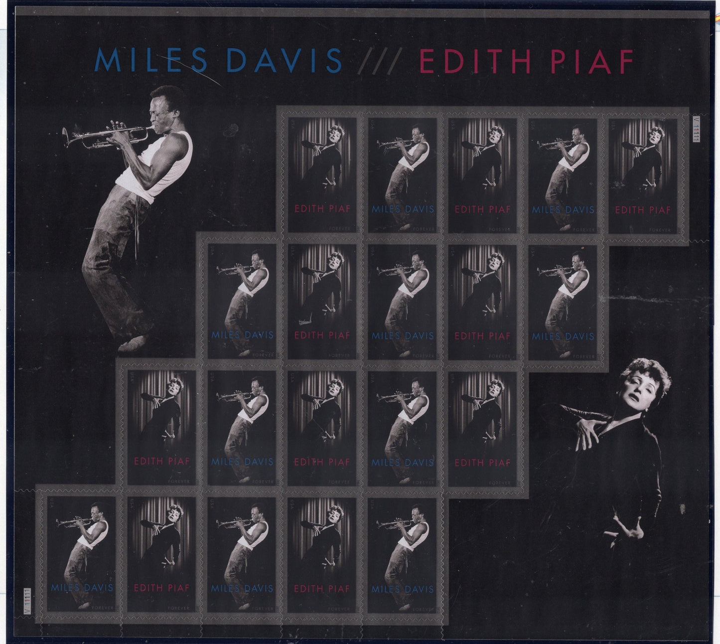 Singer EDITH PIAF + Trumpeter Jazz MILES Davis 20 stamps (10 each) in a Special, Scarce Sheet Unused Fresh Bright Usa Stamps 