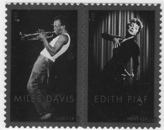 Singer EDITH PIAF + Trumpeter Jazz MILES Davis 20 stamps (10 each) in a Special, Scarce Sheet Unused Fresh Bright Usa Stamps 