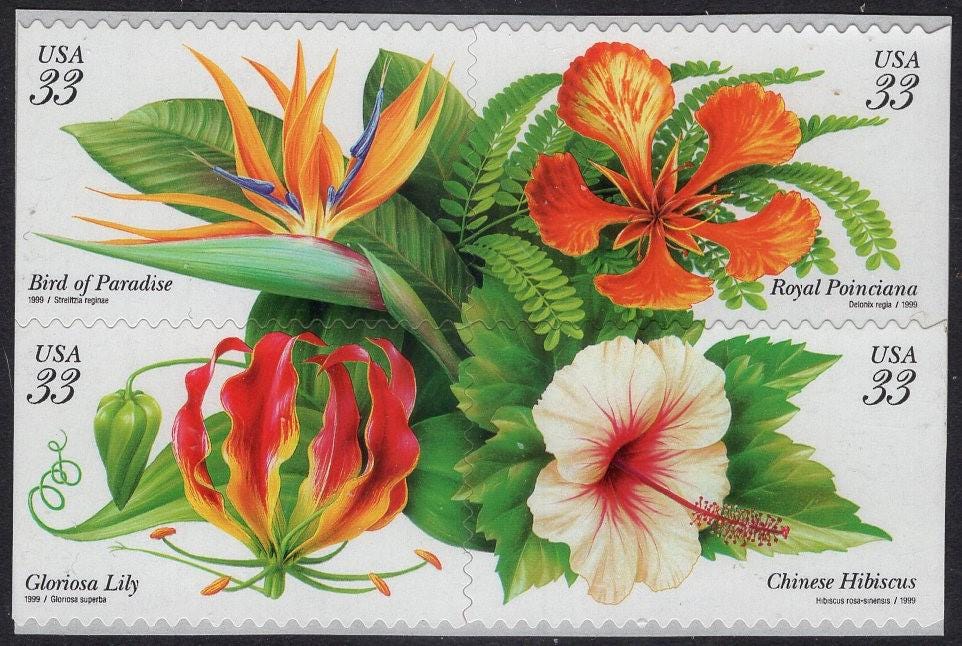 12 TROPICAL FLOWERS Stamps (3 blocks of 4) Bird of Paradise Lily Hibiscus Poinciana Self-adhesive 33c Postage Stamps-Vintage1999-FreeShipUSA