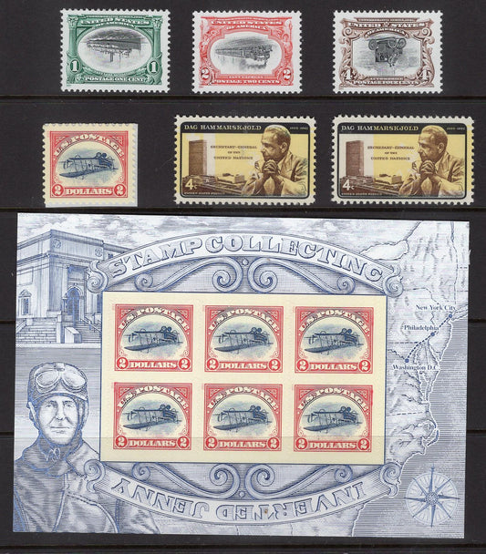 INVERTED CENTERS COLLECTION of 6 Official Inverted Stamps plus a Sheet of 6 Jenny Stamps ping