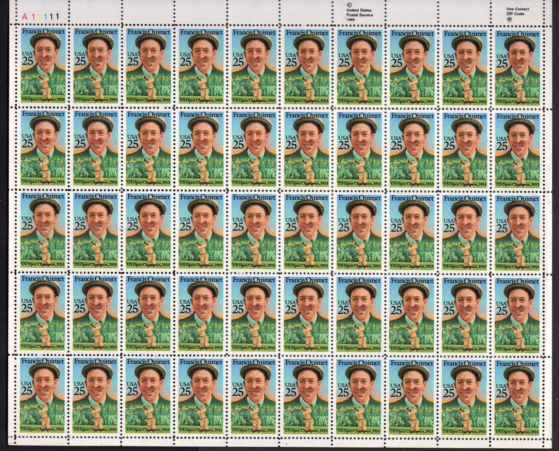 GOLF - FRANCIS OUIMET Sheet of 50 - First American Winner of the Open - Hall of Fame Scarce Sheet - Vintage 1987 