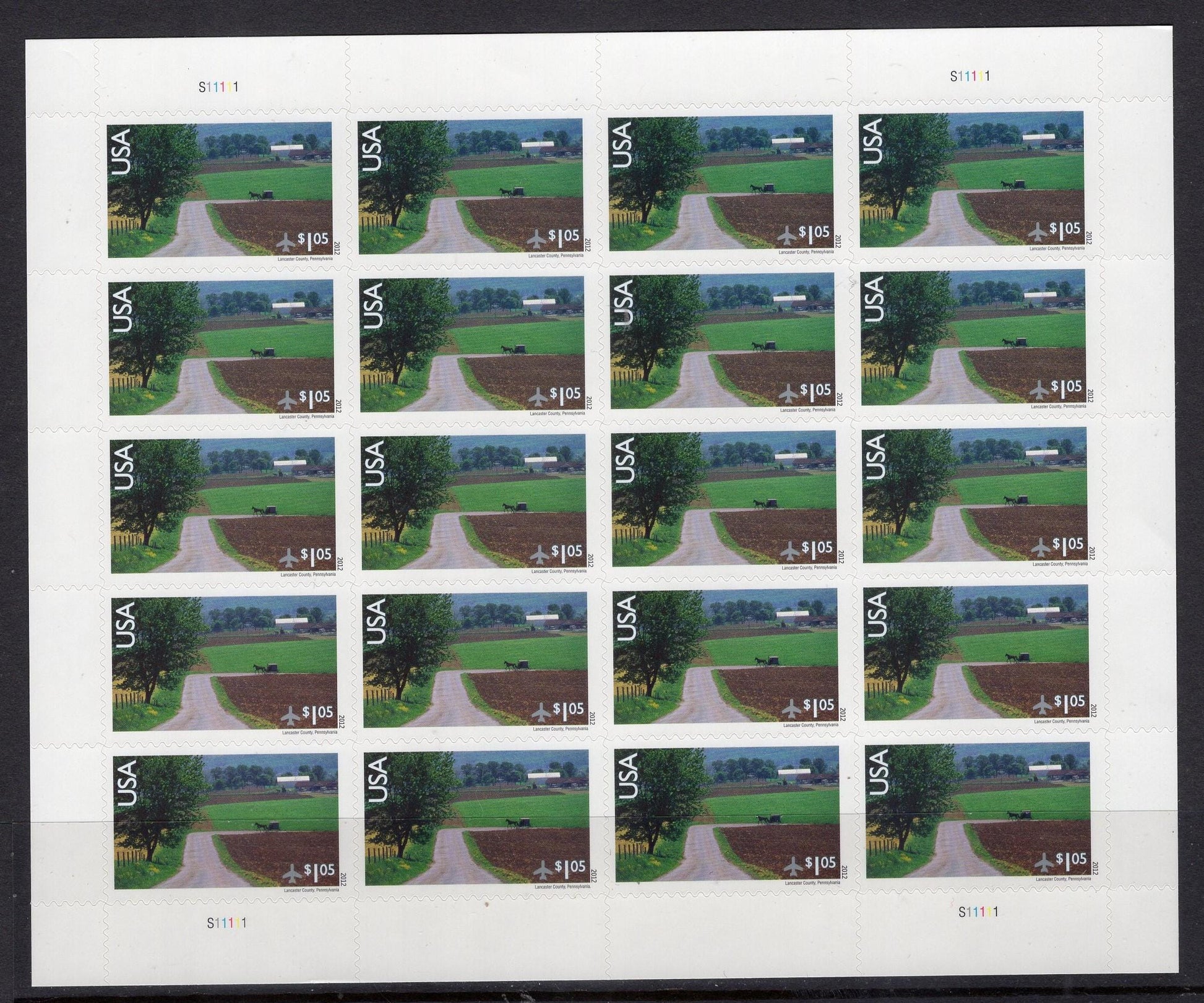 AMISH HORSE and BUGGY Lancaster County Pennsylvania Sheet of 20 Scenic USa Landscapes Stamps - Unused Fresh, Bright 
