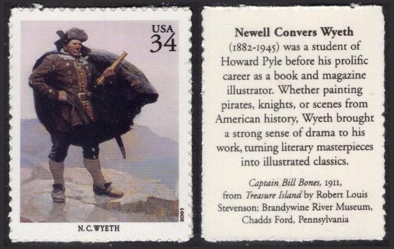 4 N.C. WYETH - Art Artist Treasure Island Captain Bill Bones - USa Stamps - 19 Additional Illustrators available Vintage 2001-Free UsaShip