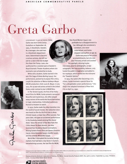 GRETA GARBO ACTRESS Swedish Academy Award Nom. Commemorative Panel Block of 4 Stamps Illustrations Text Great Gift 8.5x11 '04 