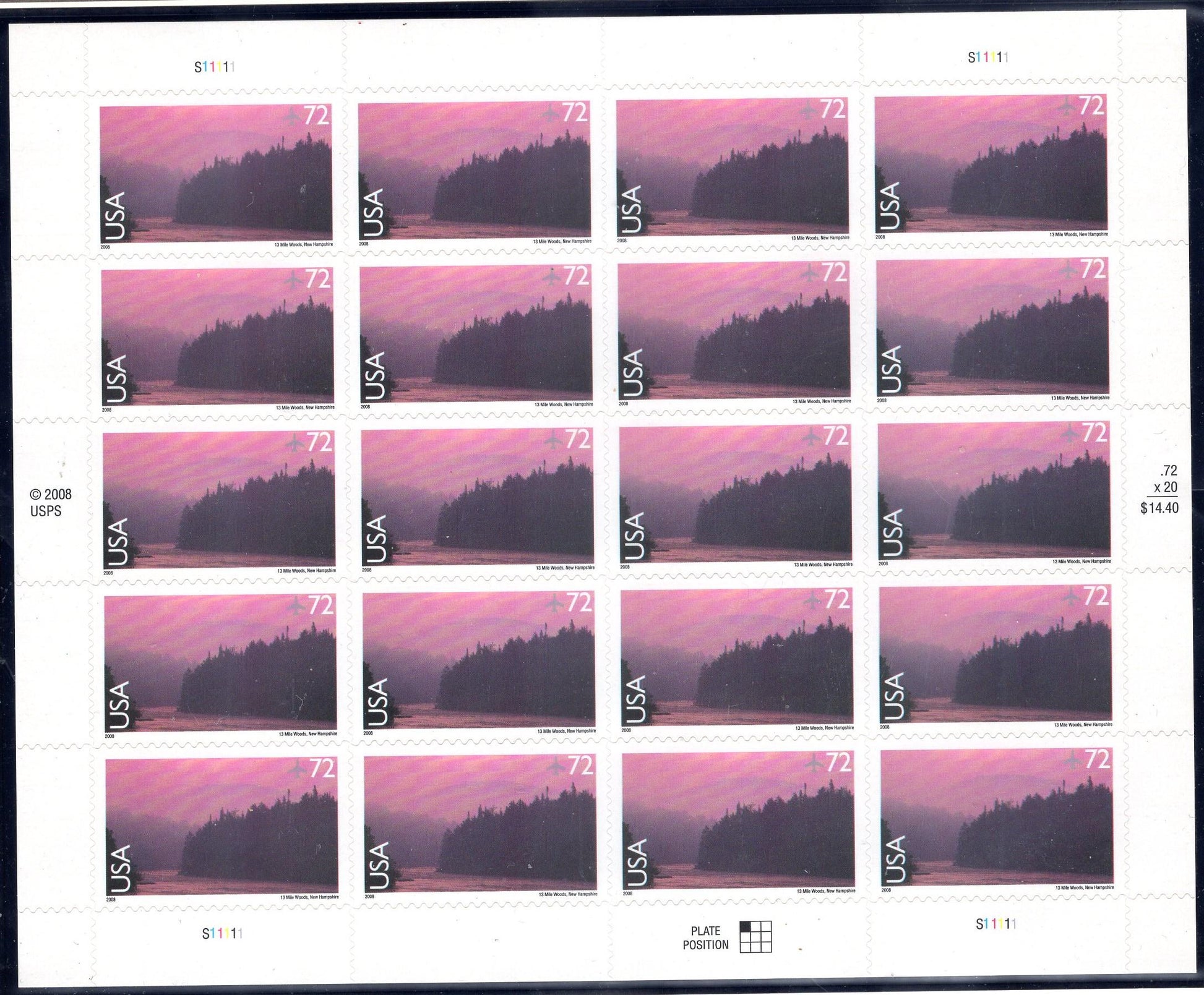NEW HAMPSHIRE 13 MILE Community Woods Sheet of 20 Stamps - Scenic USa Landscapes -near Umbagog Wildlife Refuge Fresh, Bright-FreeUSA Ship