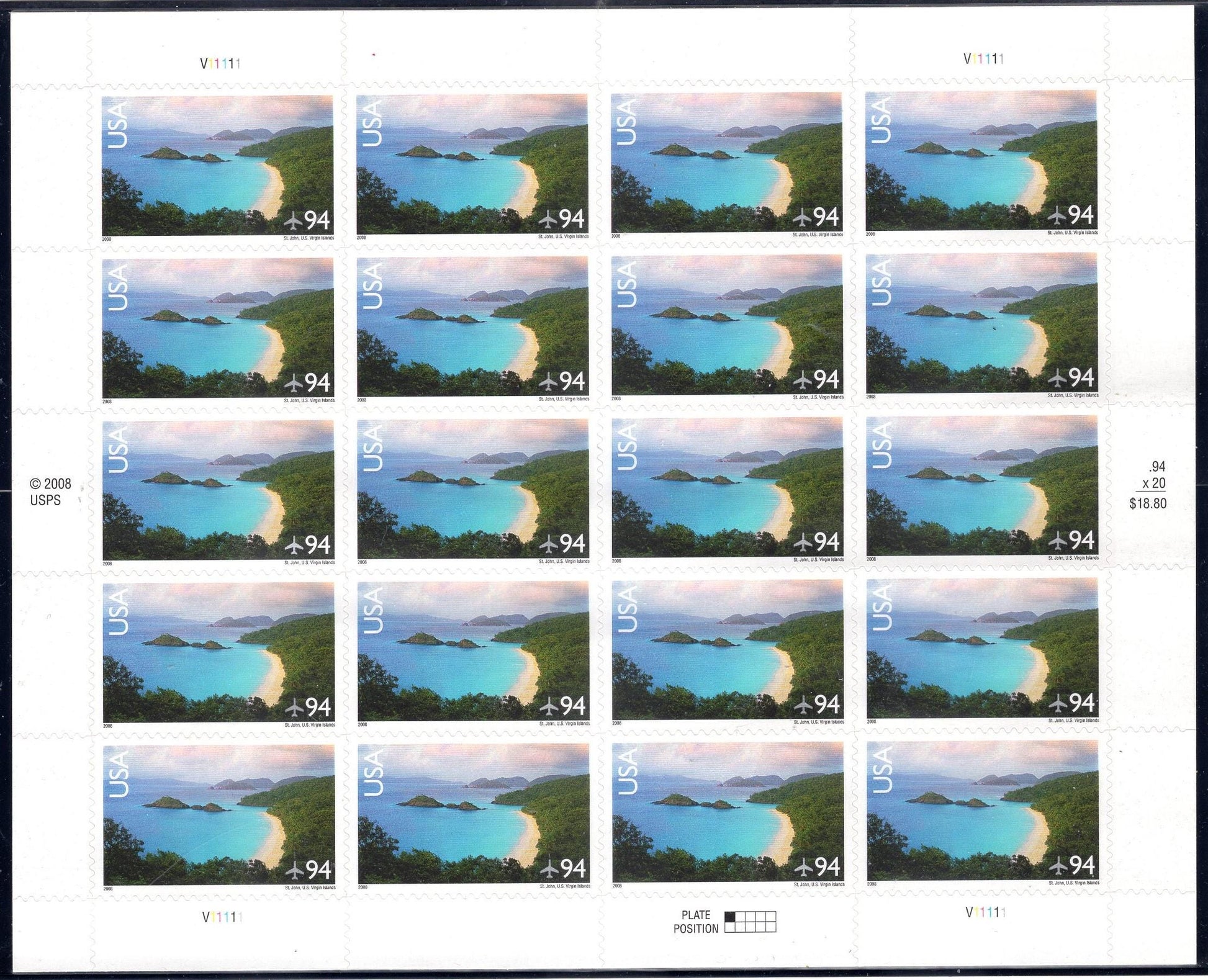 TRUNK BAY, St. JOHN Virgin Islands 20 Scenic Usa Landscapes Stamps - Unused Post Office Fresh, Bright - 1999 ping