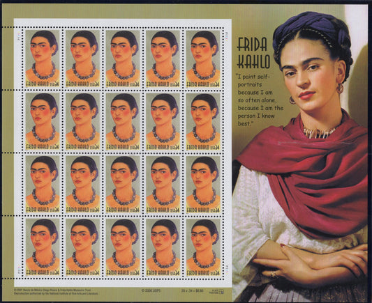 10 FRIDA KAHLO ARTIST Decorative Illustrated Sheet of 20 Postage Stamps - Self-Portraits Nature Mexican Painter - Vintage 2001
