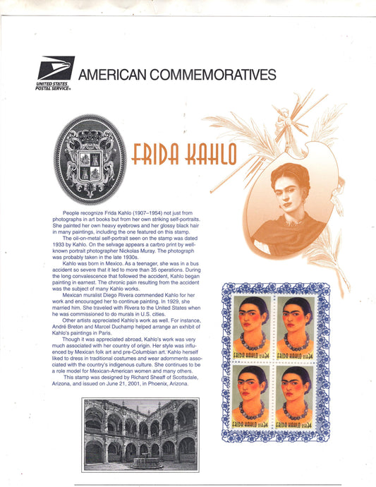 10 FRIDA KAHLO ARTIST Postage Stamps - Self-Portraits Nature Mexican Artifacts Painter Folk Art - Vintage 2001 
