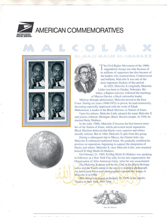 MALCOLM X CIVIL Commemorative Panel w/4 Stamps Text Illustrations - Great Gift - Rights Activist Black Heritage Muslim Minister FreeUSA Ship