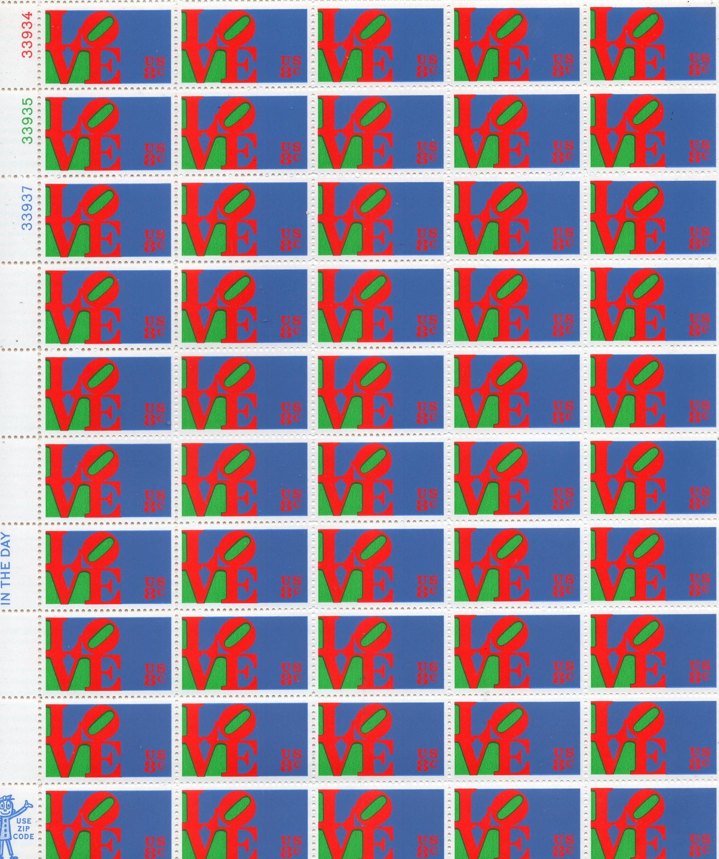 ROBERT INDIANA LOVE Sheet of 50 - scarce! - Stamps Art Unusual Design Fresh Bright USa Postage - Vintage 1973 - Stock# 1475 - FreeUSA Shi-