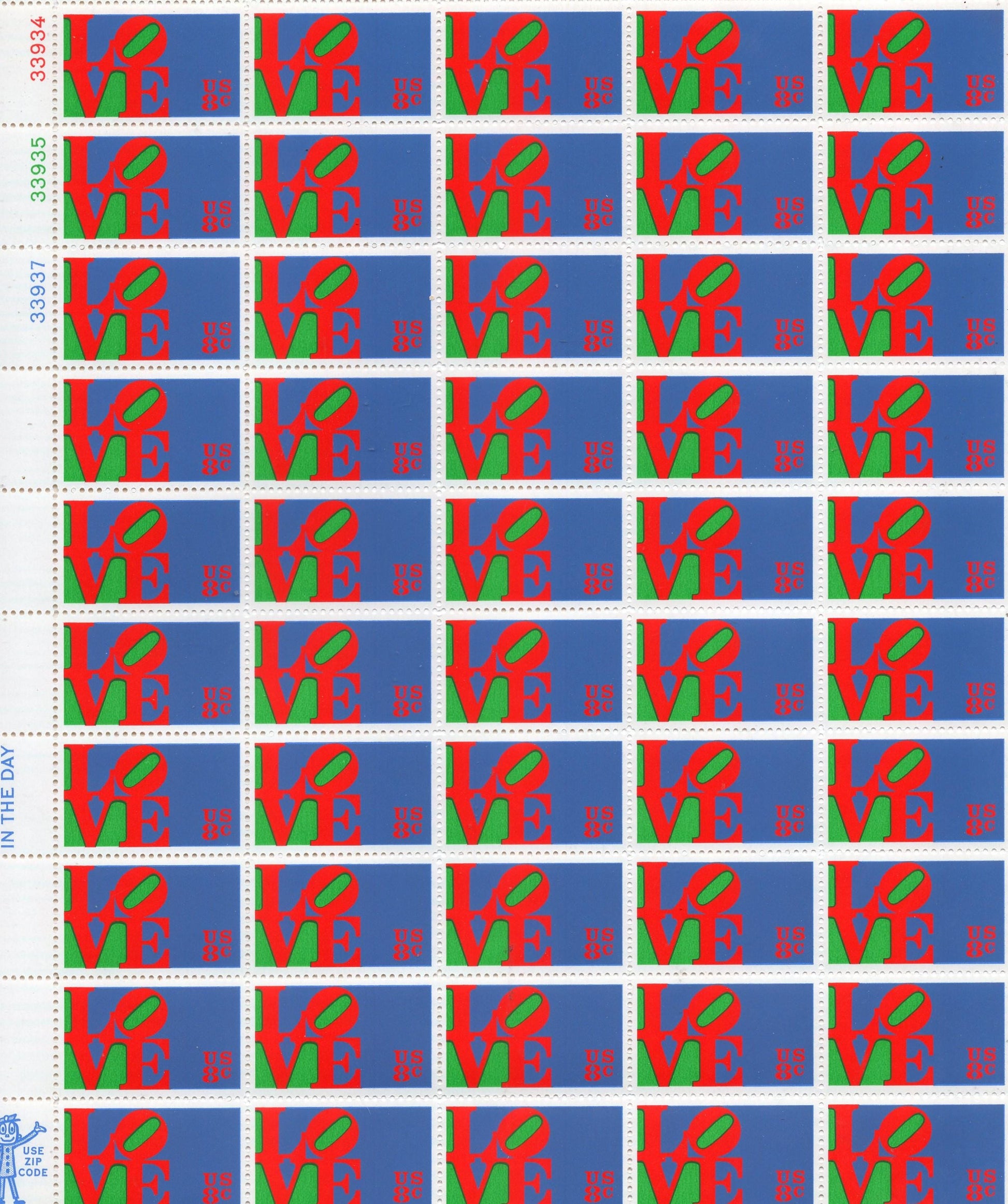ROBERT INDIANA LOVE Sheet of 50 - scarce! - Stamps Art Unusual Design Fresh Bright USa Postage - Vintage 1973 - Stock# 1475 - FreeUSA Shi-