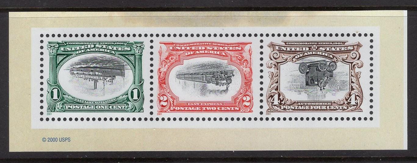 Six (2 strips of 3) Ship, Train, Auto INVERTED CENTERS 1c,2c,4c Stamps - Pan-Am Exhibit Mint, Real USPs Stamps - Vintage 2001