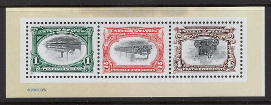 Six (2 strips of 3) Ship, Train, Auto INVERTED CENTERS 1c,2c,4c Stamps - Pan-Am Exhibit Mint, Real USPs Stamps - Vintage 2001