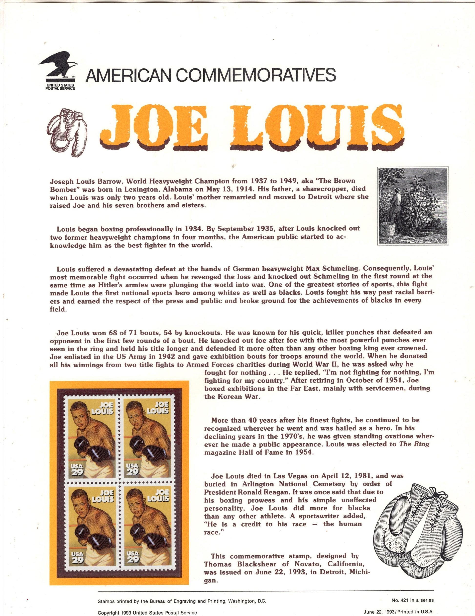 BOXER JOE LOUIS Heavyweight Champion - Commemorative Panel w/ Block of 4 Stamps Illustrations Text Great Gift 8.5x11 #421 
