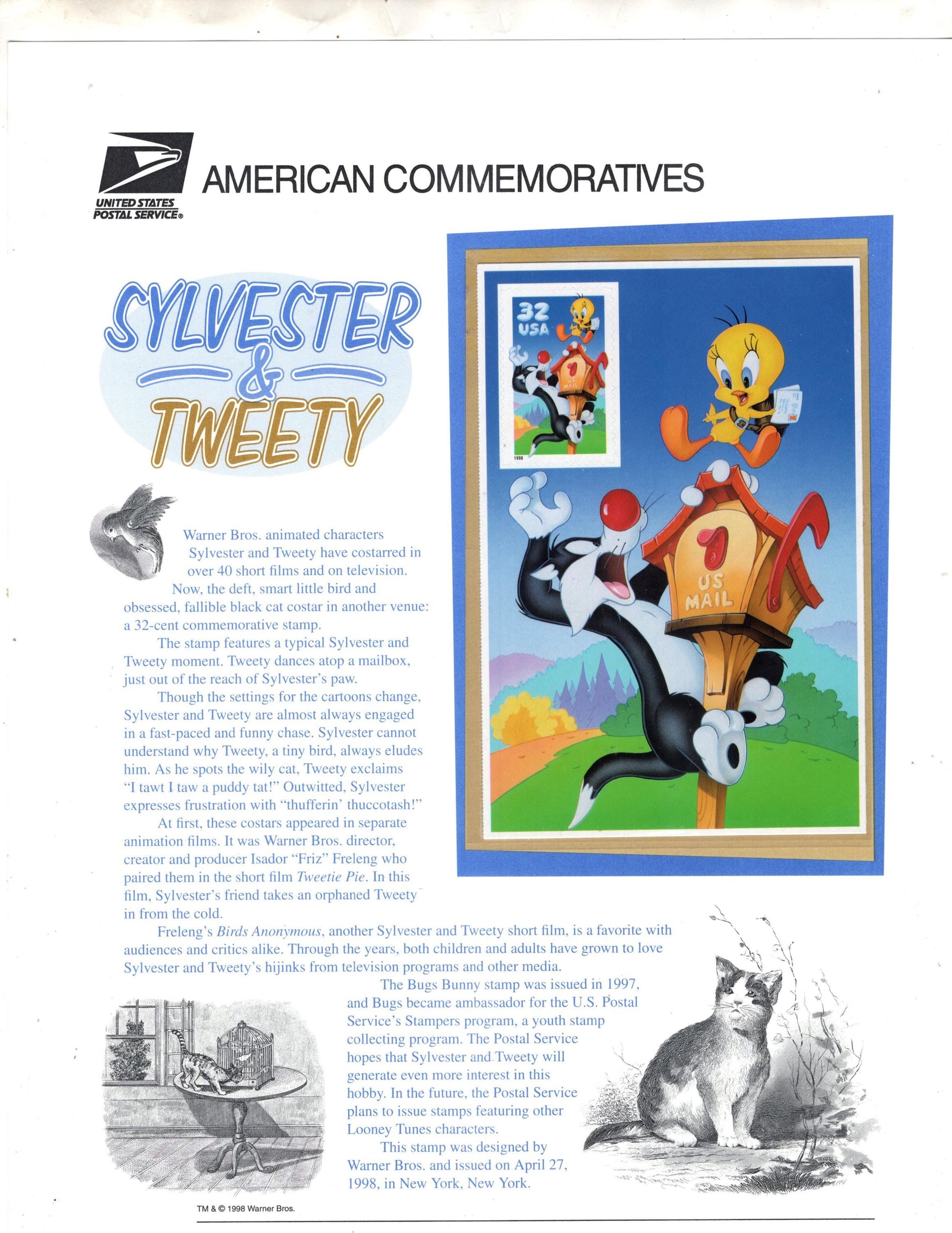SYLVESTER and TWEETY Commemorative Panel w/ Sheet of 1 Stamp plus Illustrations Text Great Gift 8.5x11 Vintage 1998 Cat Bird