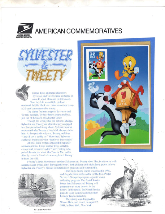 SYLVESTER and TWEETY Commemorative Panel w/ Sheet of 1 Stamp plus Illustrations Text Great Gift 8.5x11 Vintage 1998 Cat Bird