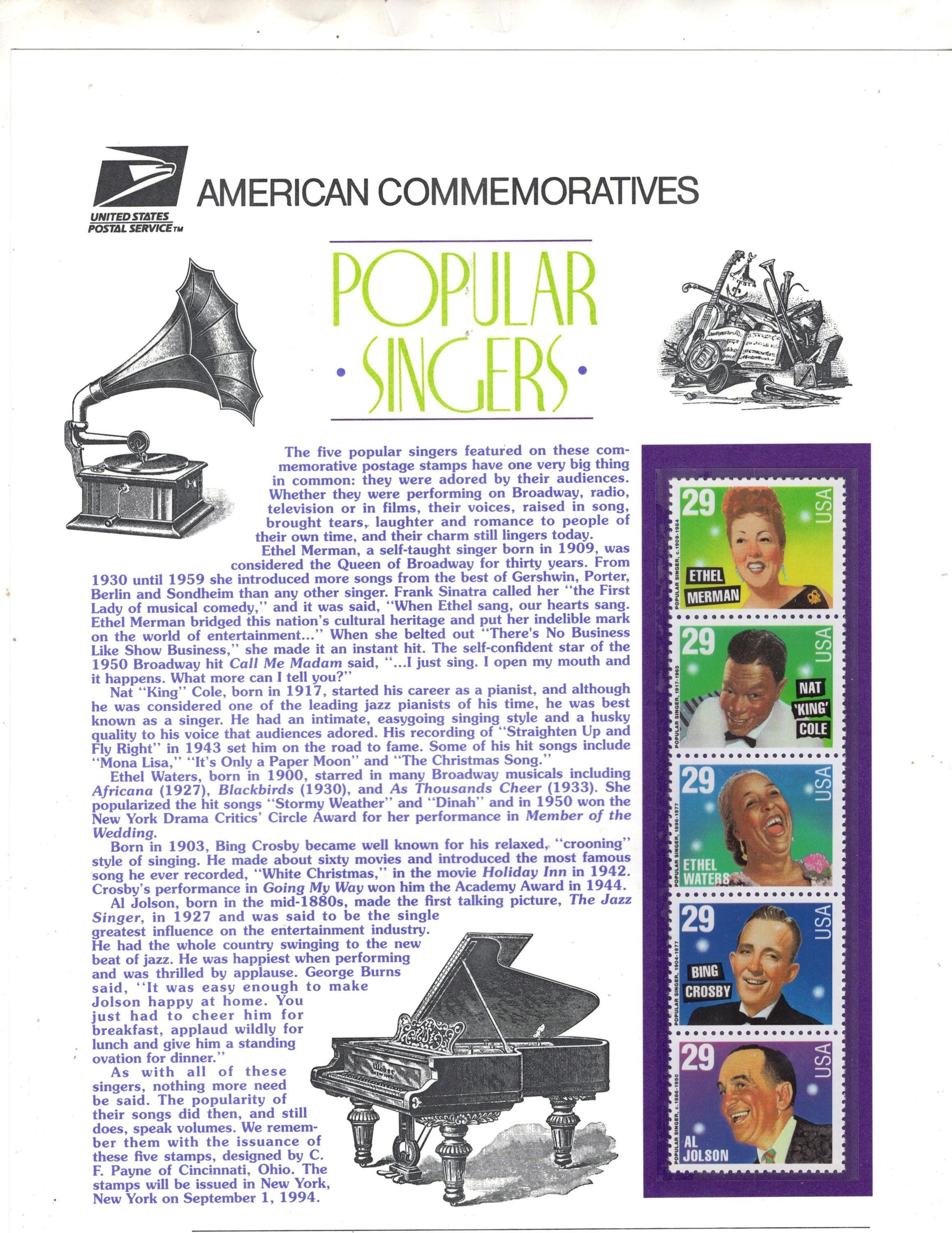 SINGERS NAT King COLE Merman Waters Crosby Jolson Commemorative Panel w/Strip 5 Stamps Illustrations Text Great Gift 8.5x11 
