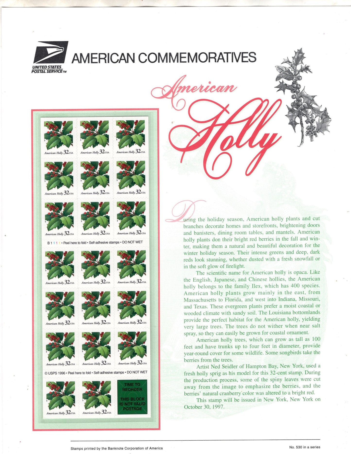 AMERICAN HOLLY CHRISTMAS Holidays Berries - Commemorative Panel w/Booklet of 20 Stamps Illustrations Text Great Gift 8.5x11