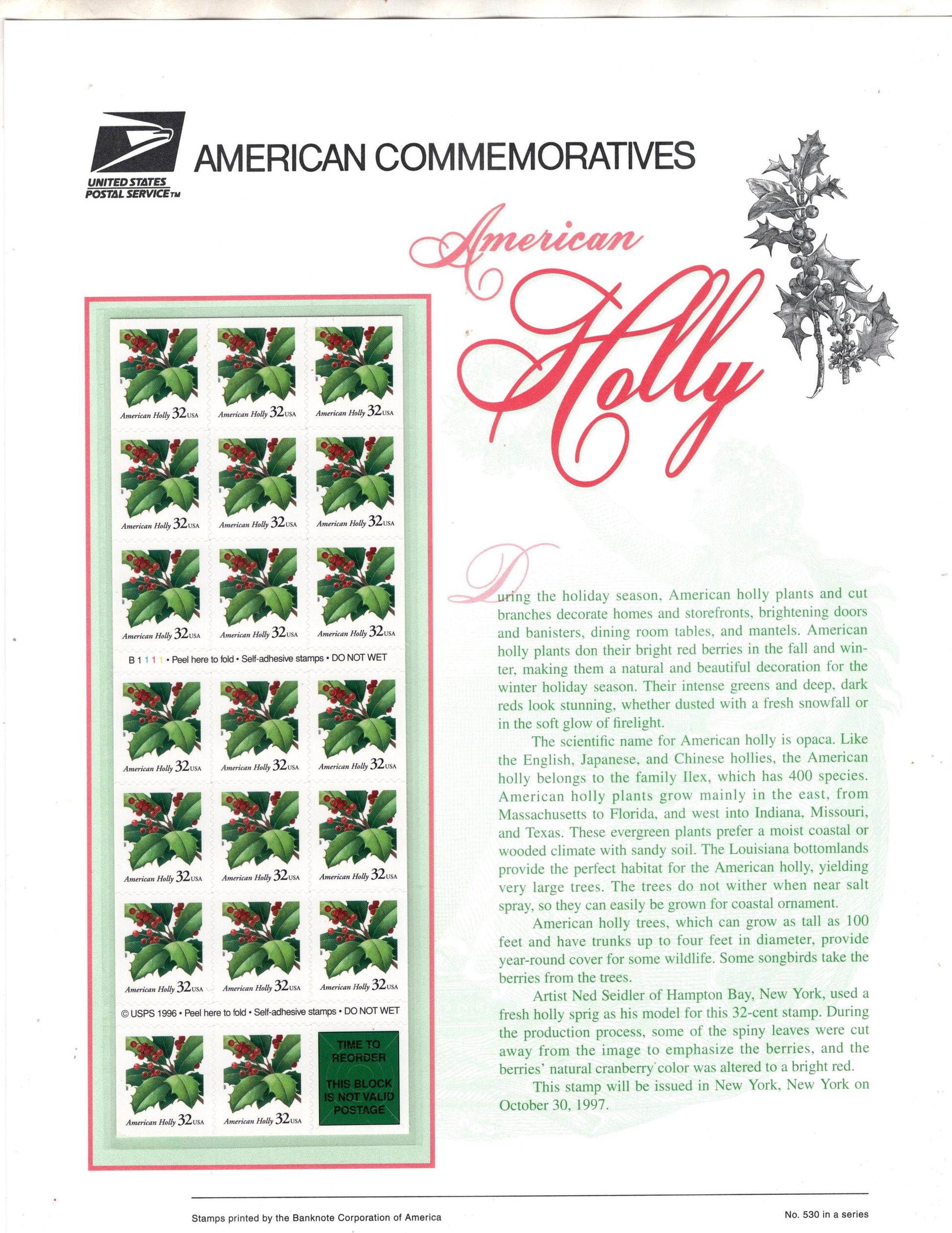 AMERICAN HOLLY CHRISTMAS Holidays Berries - Commemorative Panel w/Booklet of 20 Stamps Illustrations Text Great Gift 8.5x11